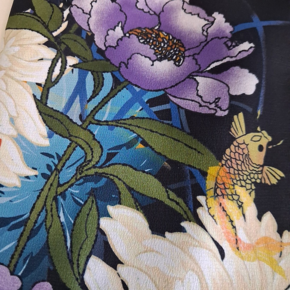 Biba Floral Koi Fish Print Wide Leg Pants Black High Elasic Waist Size 12 - Picture 11 of 14